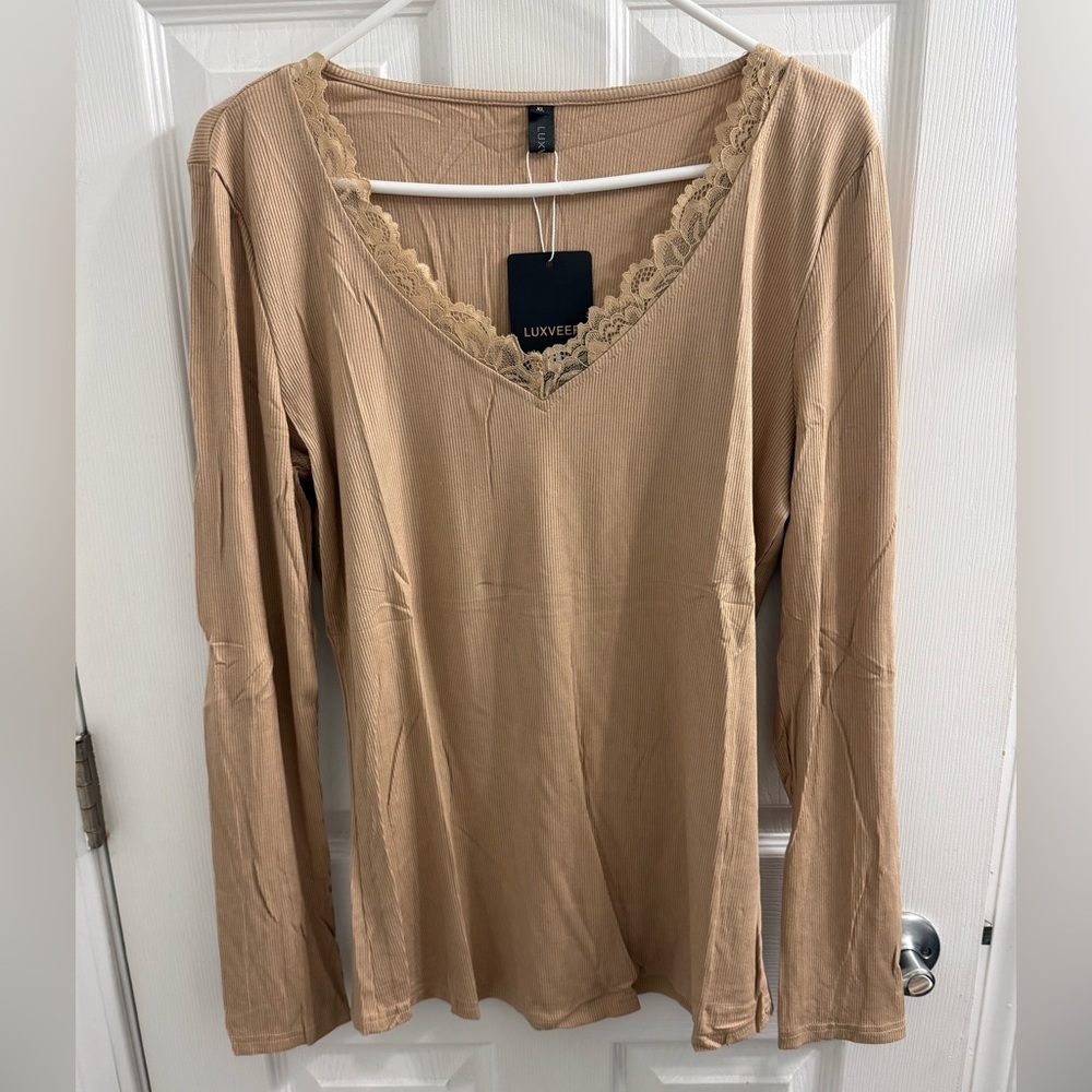 Luxe Beige Lace Accent Long Sleeve Top